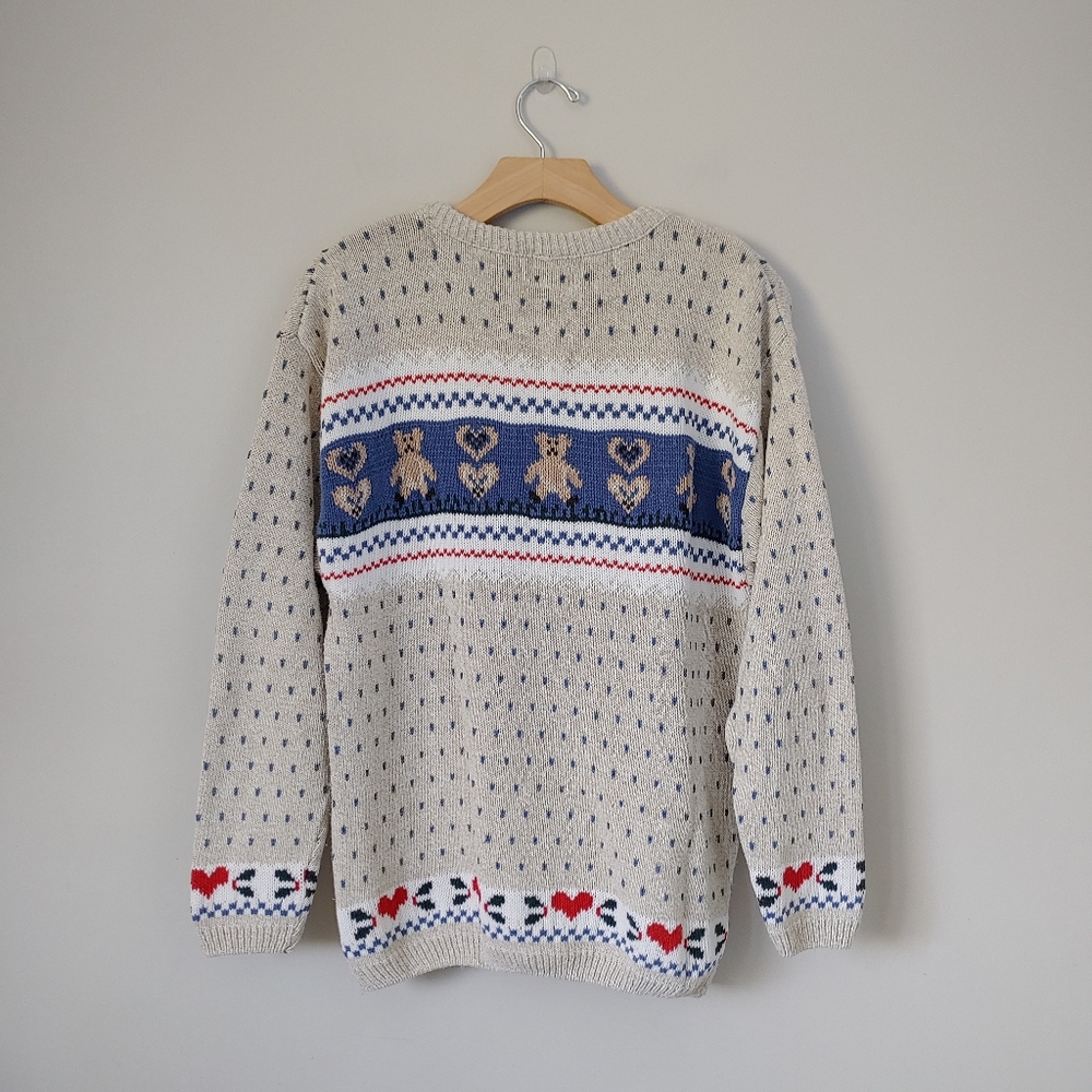 Vintage Cottage Cove Cardigan Knit Sweater Teddy Bear Hearts Size Medium Grandma - Picture 9 of 14